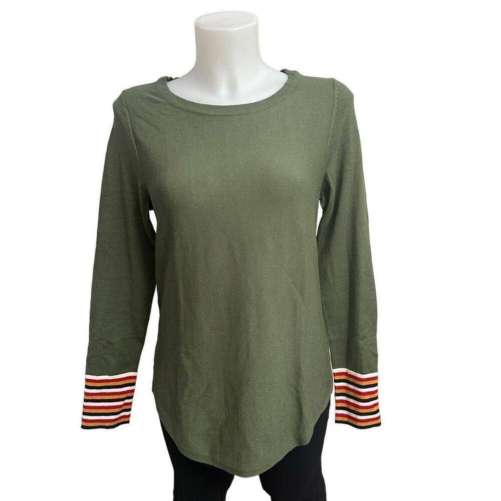 Hannah Round Neck Cypress‎ Green Striped Trim Pullover Sweater Top size S new!